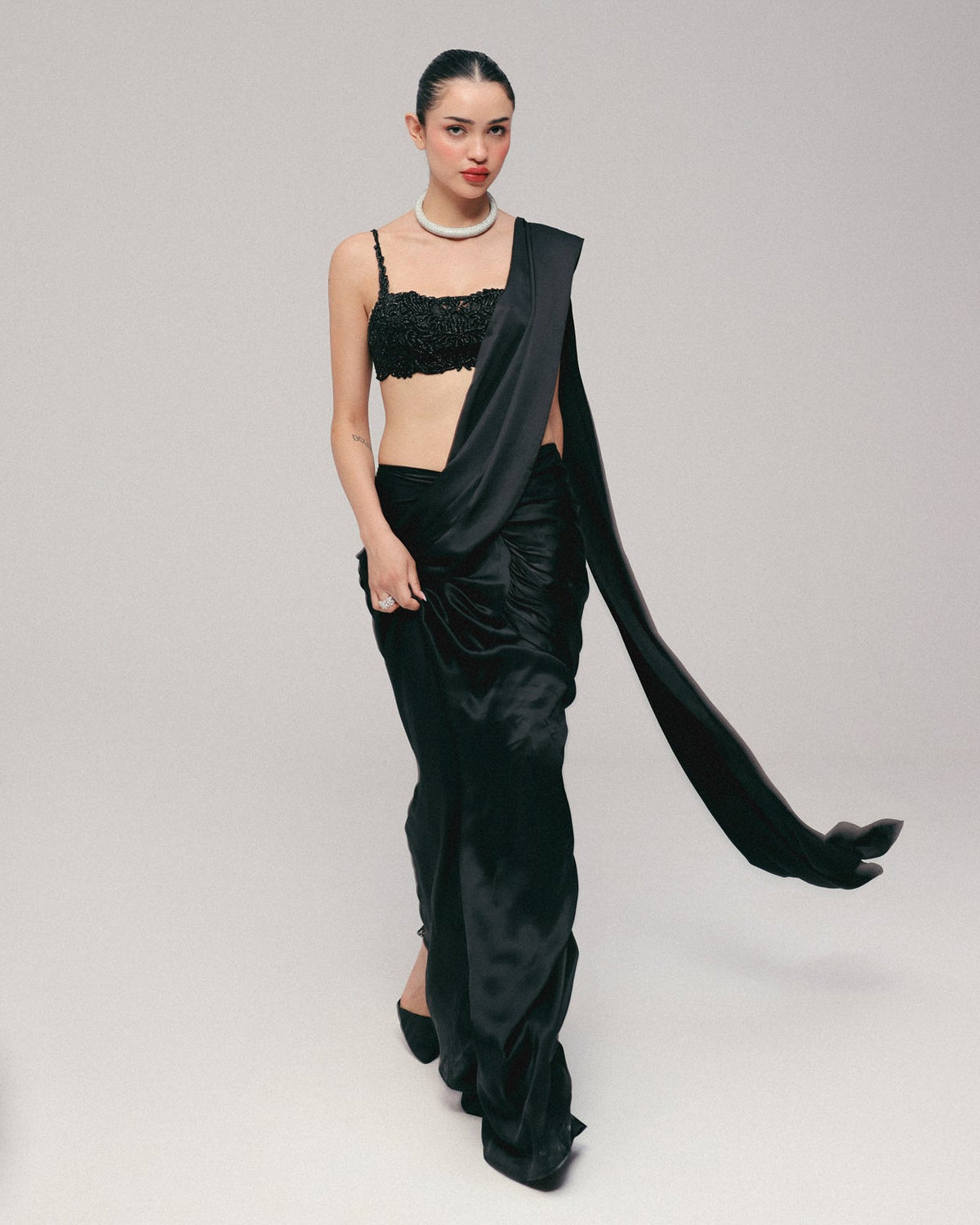 Black Cutdana Pre-Stitched Sari Set
