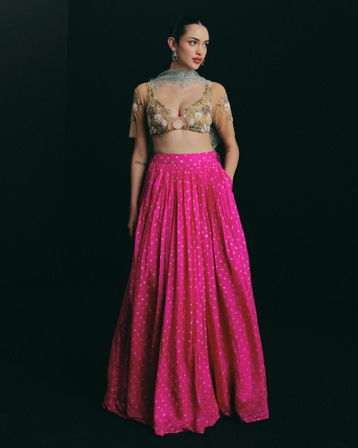 Pink Shell Bandhani Skirt Set