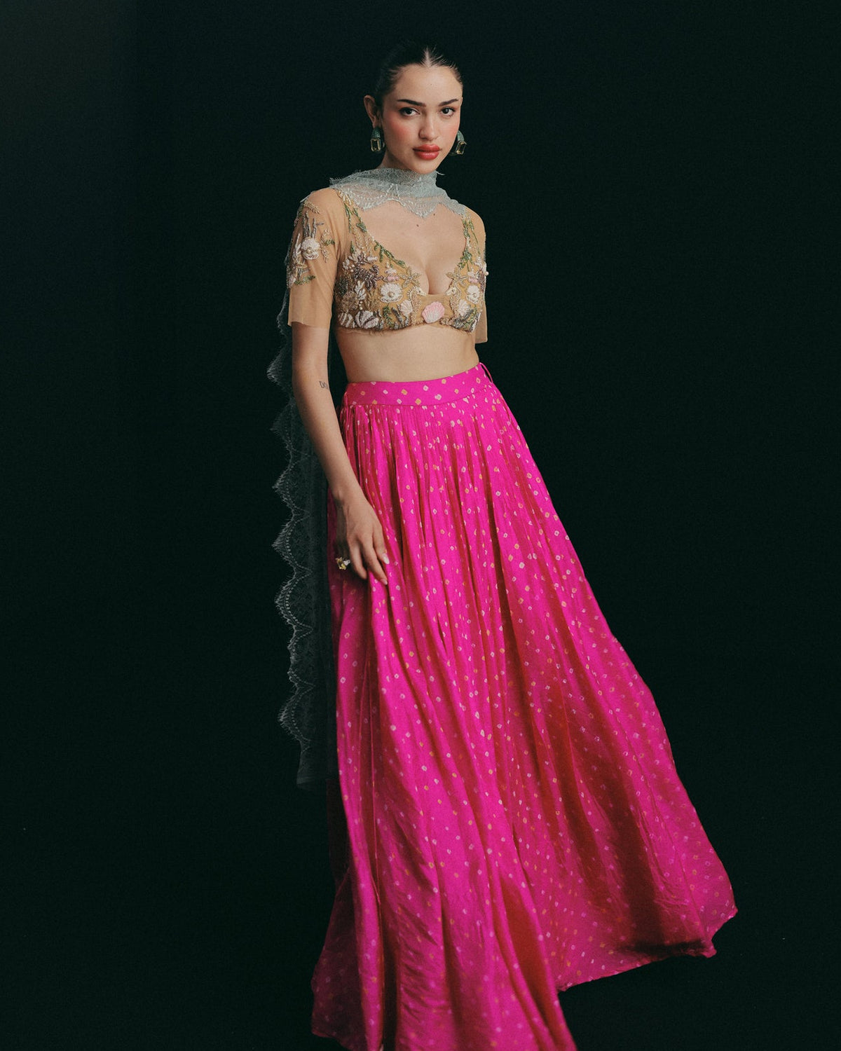 Pink Shell Bandhani Skirt Set