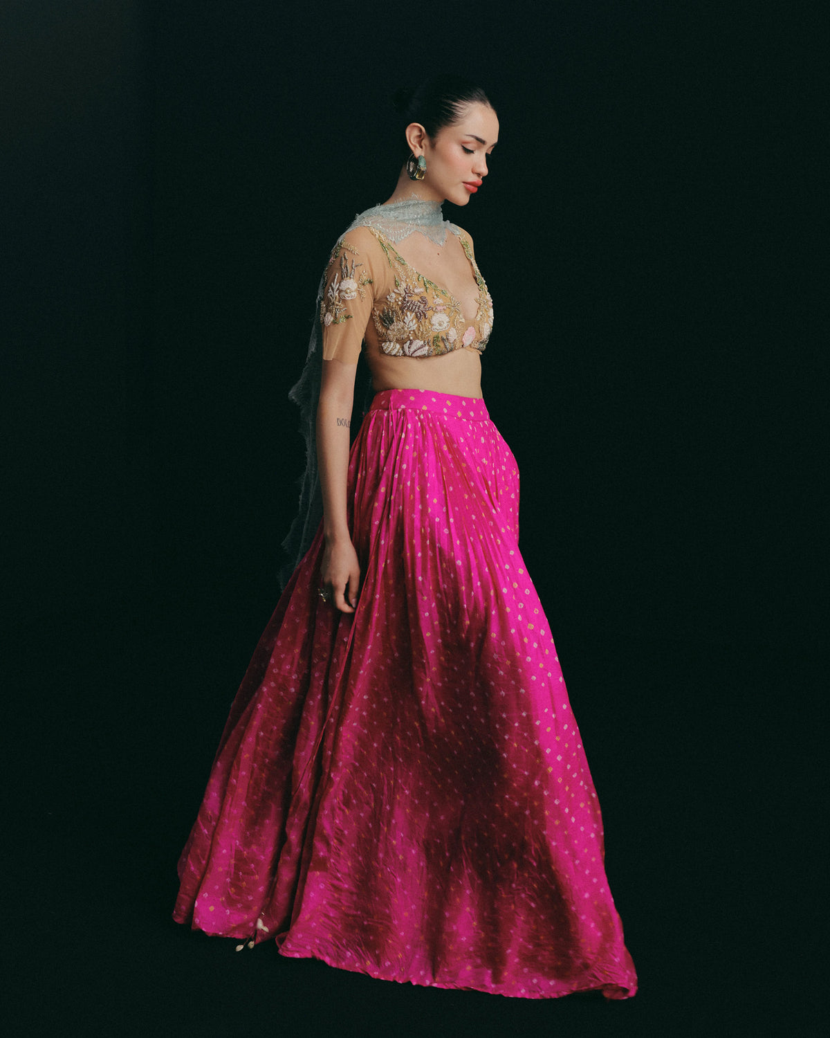 Pink Shell Bandhani Skirt Set