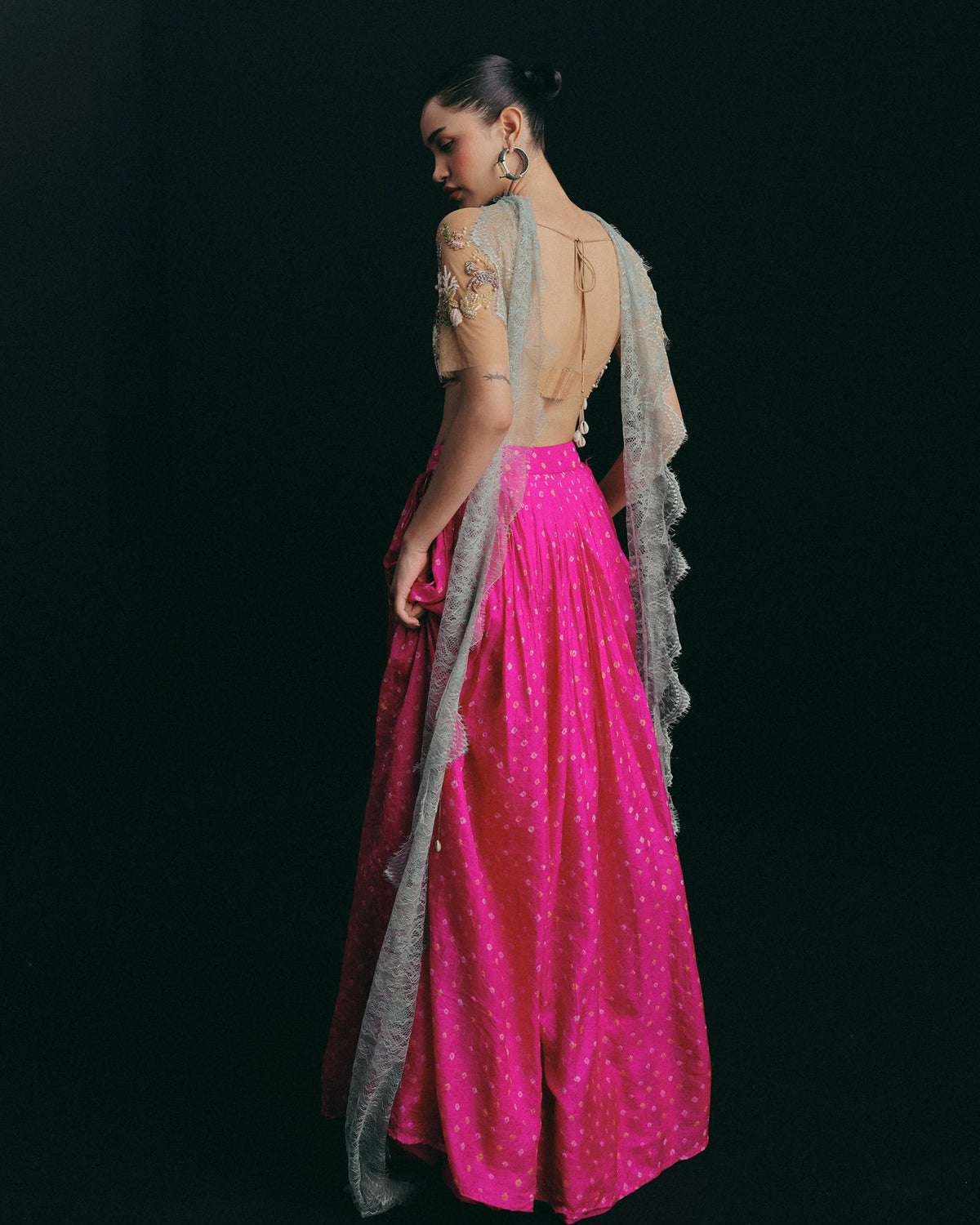 Pink Shell Bandhani Skirt Set
