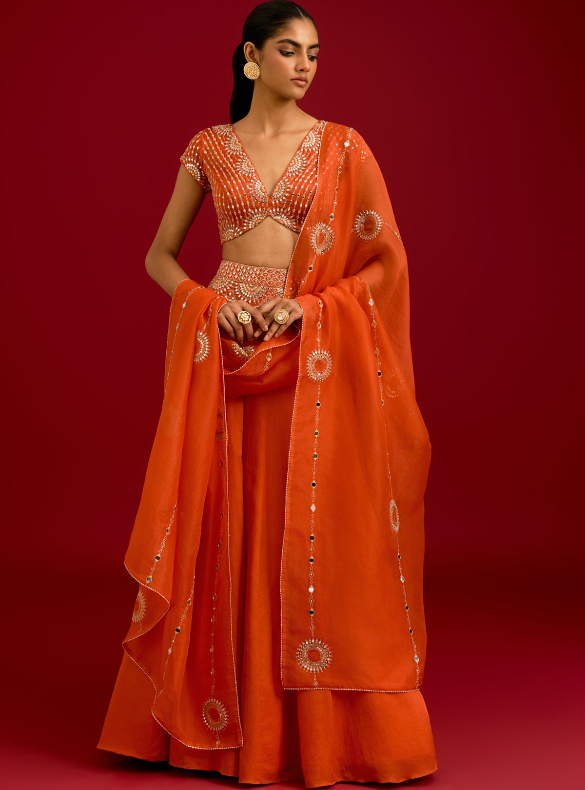 Orange Embroidered Gajji & Cotton Silk Lehenga Set