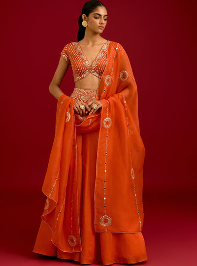 Orange Embroidered Gajji & Cotton Silk Lehenga Set