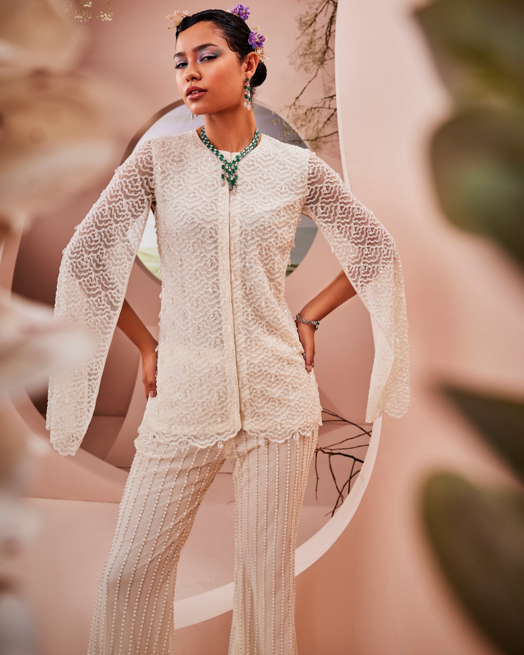 Ivory Embroidered Jacket And Pant Set