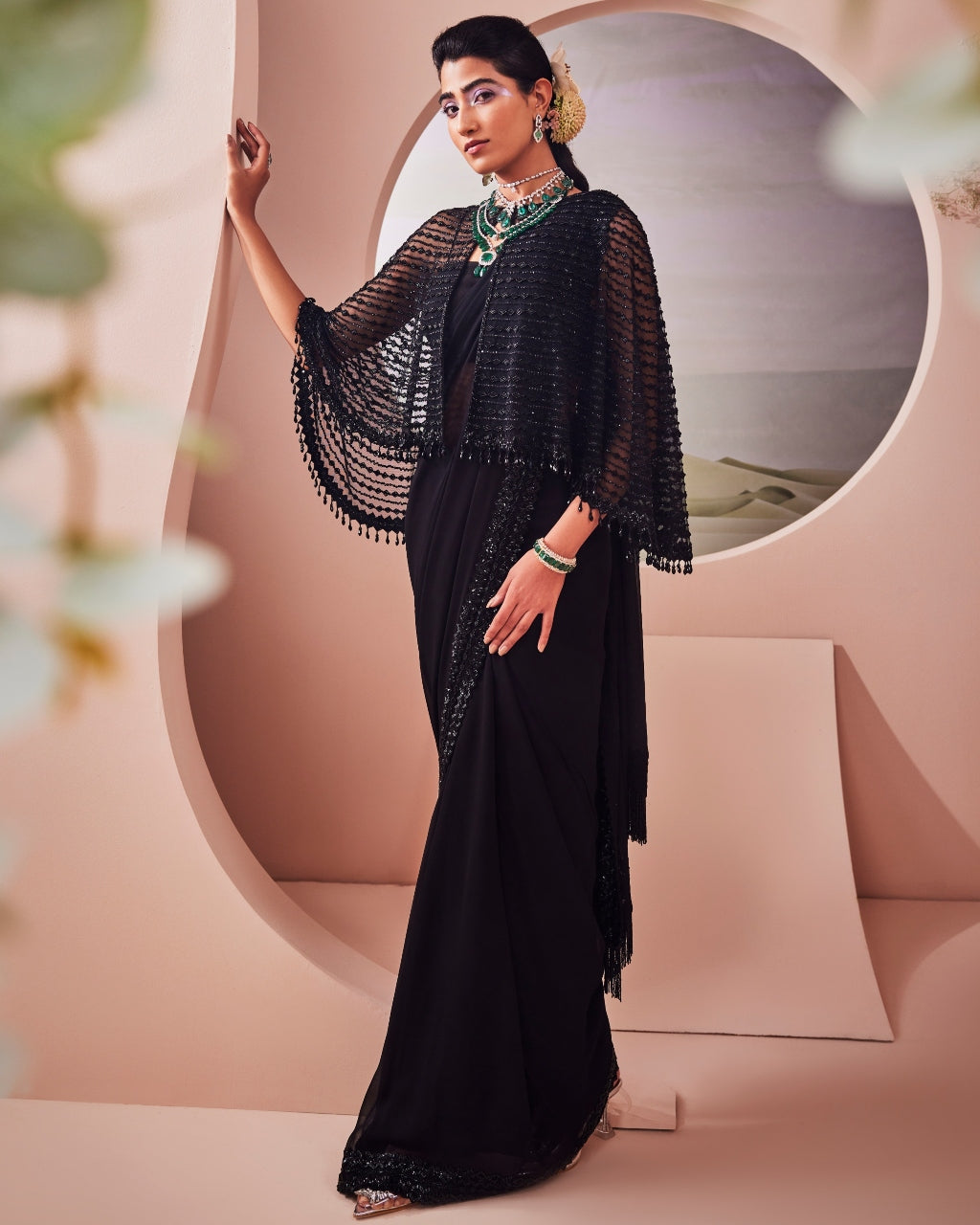 Black Embroidered Cape And Sari Set