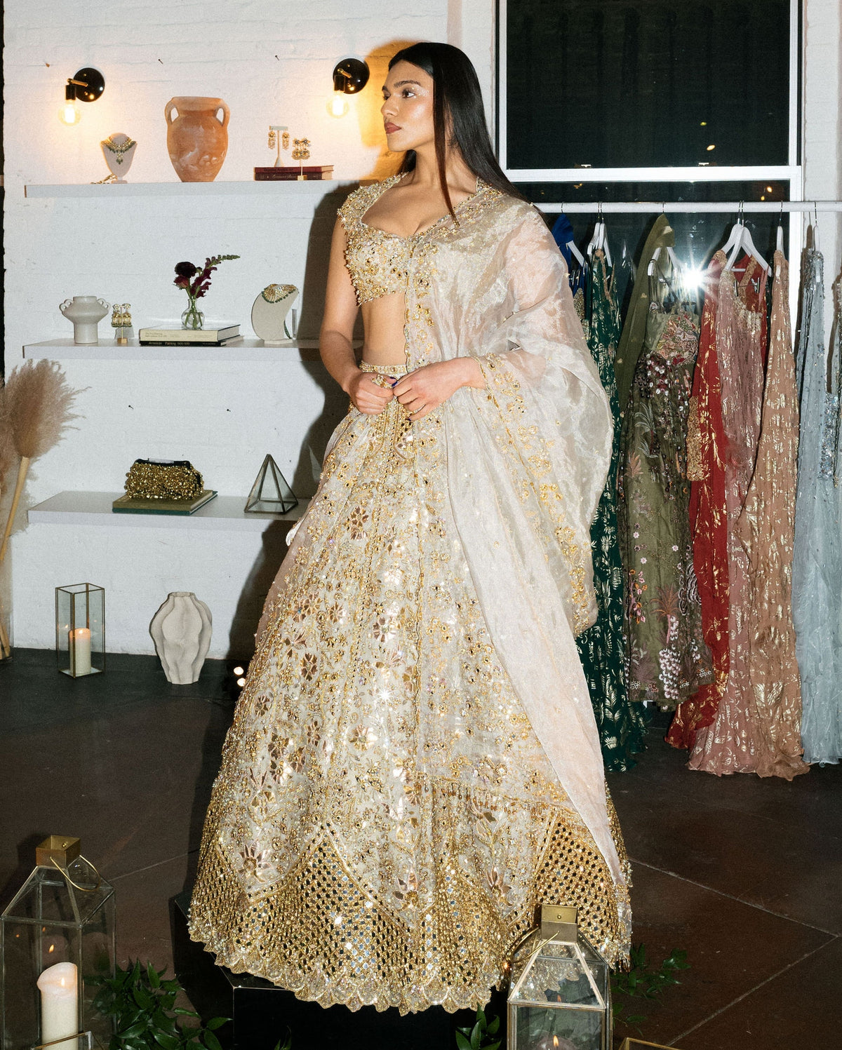 Silver Tissue Mirrorwork Lehenga Set