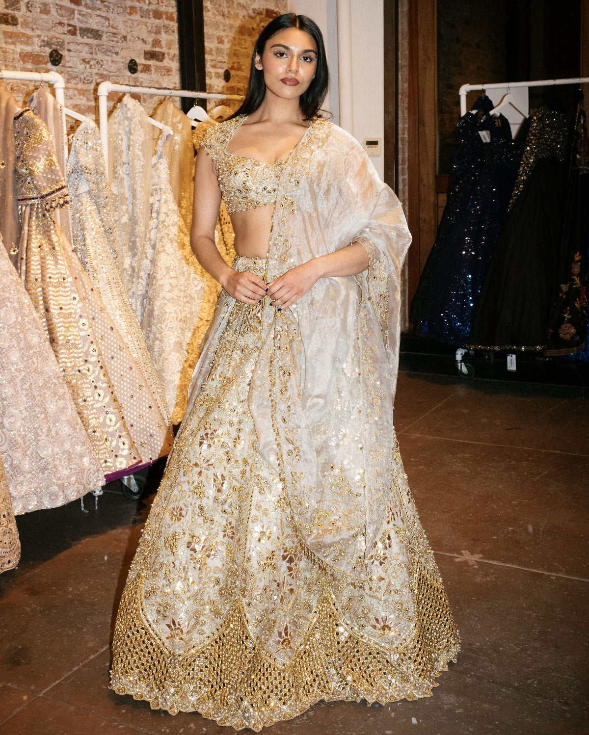 Silver Tissue Mirrorwork Lehenga Set