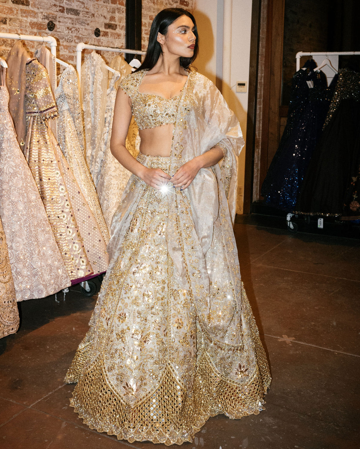 Silver Tissue Mirrorwork Lehenga Set