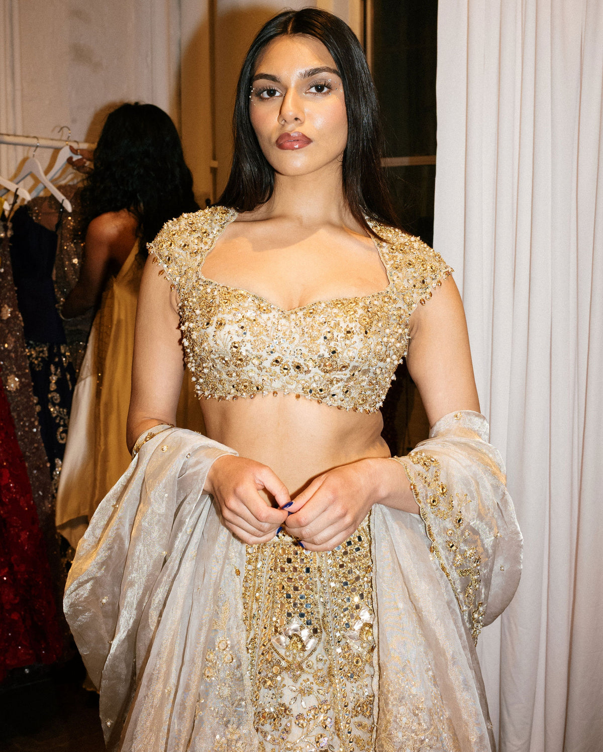 Silver Tissue Mirrorwork Lehenga Set