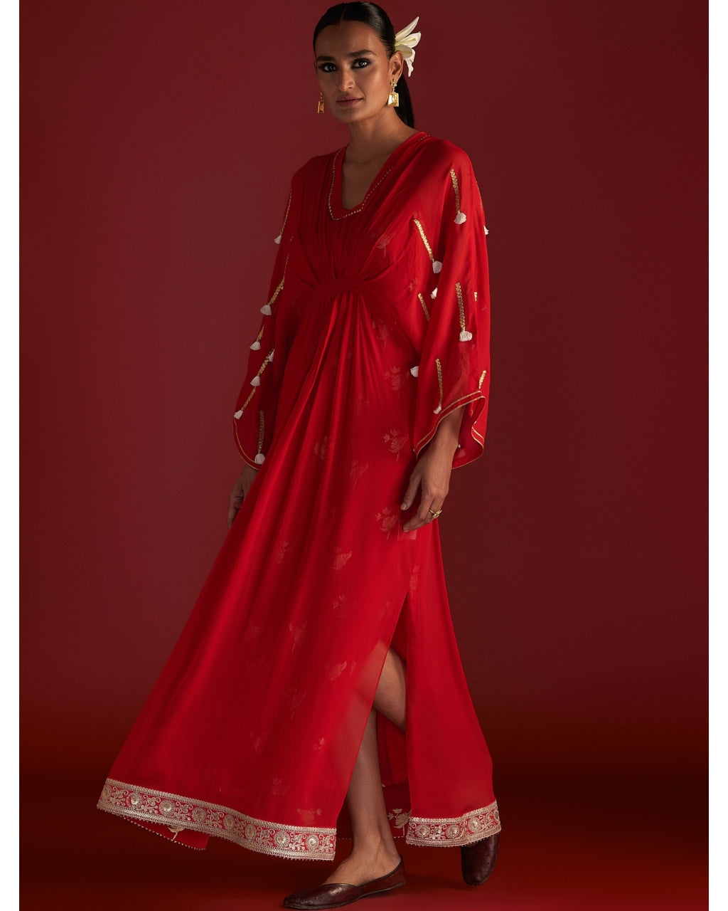 Red Gota Embroidered Kaftan With Slip By House Of Masaba