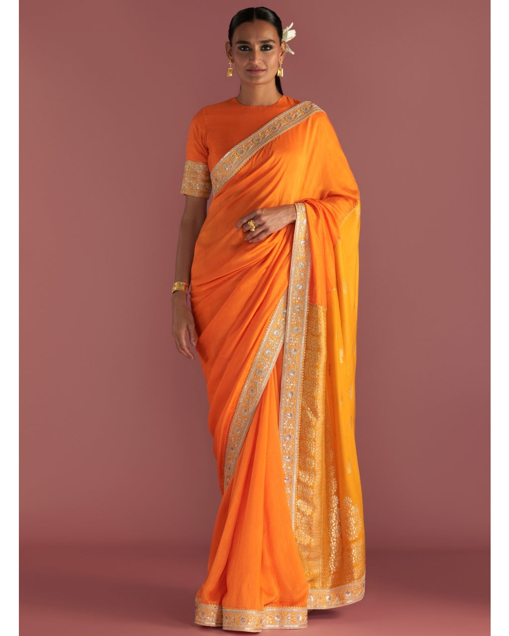 Orange Block Brocade Sari