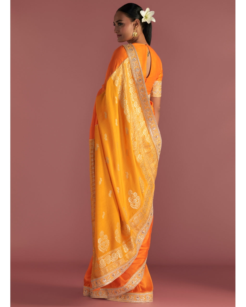 Linen Saree with Jamdani Work - Orange - ArtisanSoul