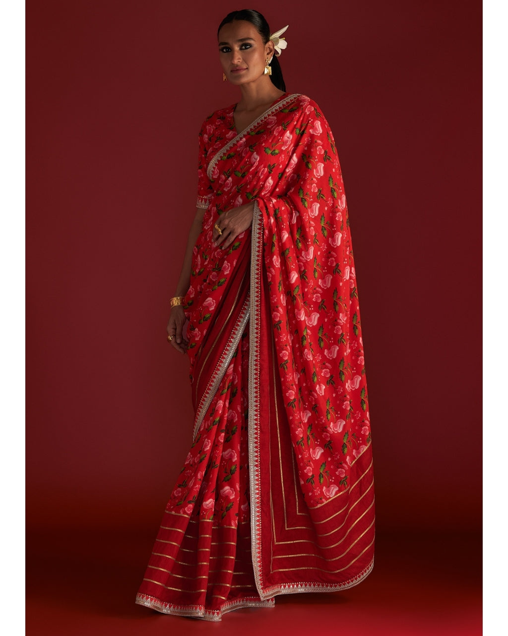 Red Crushed Honeycomb Sari By House Of Masaba