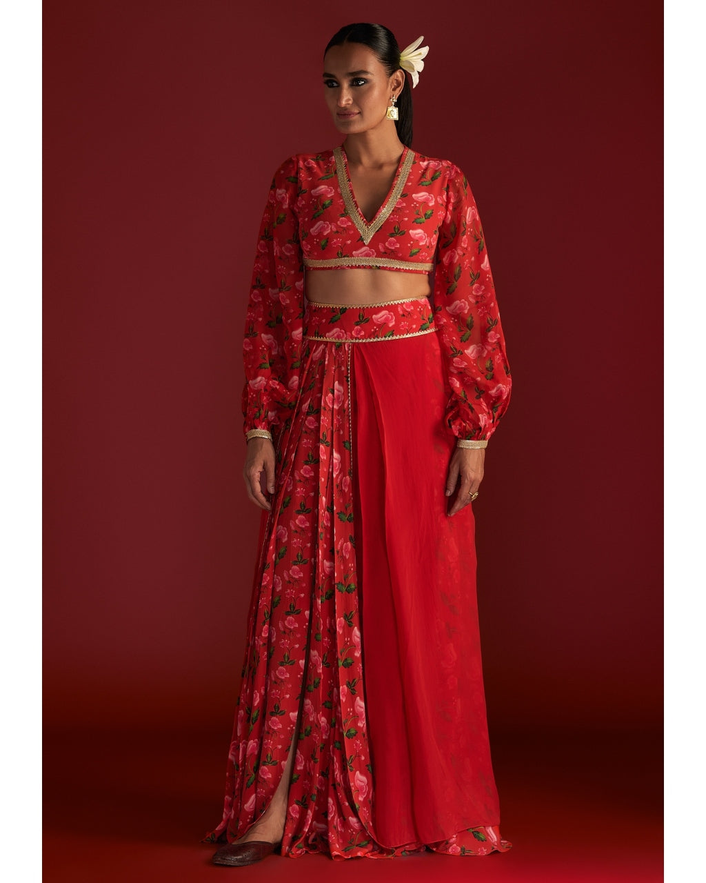 Red Rain Lily Layered Skirt Set By House Of Masaba