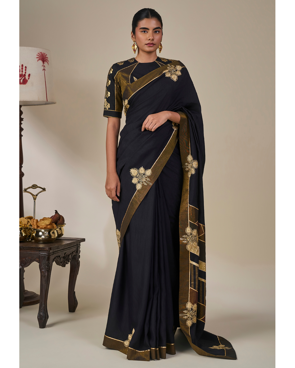 Black Golden Flame Sari Set