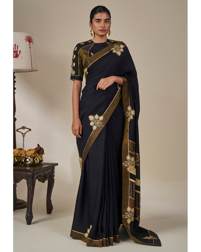 Black Golden Flame Sari Set