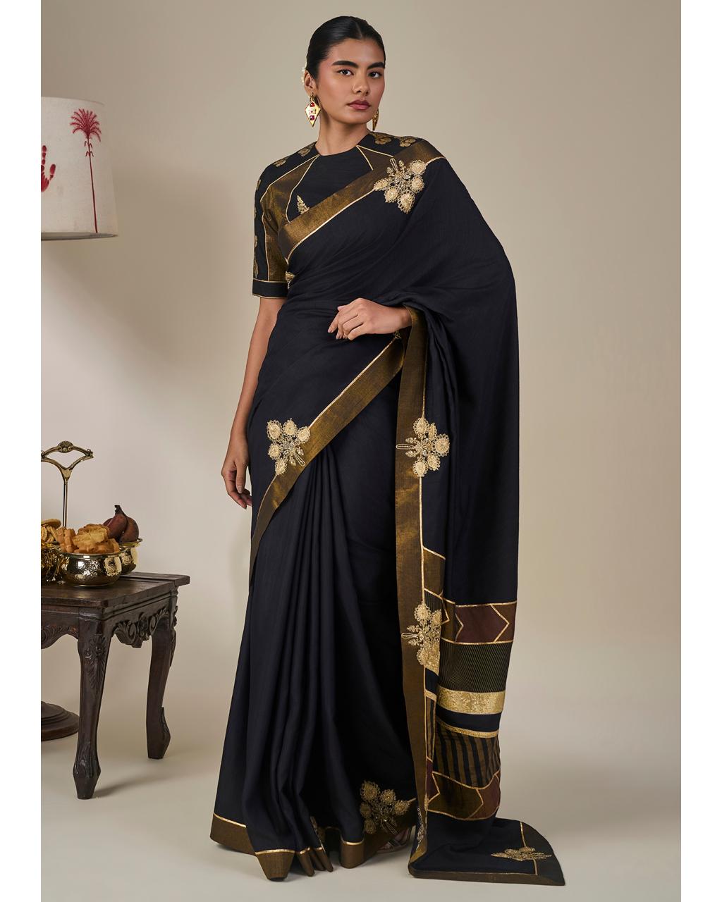 Black Golden Flame Sari Set