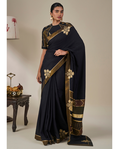 Black Golden Flame Sari Set