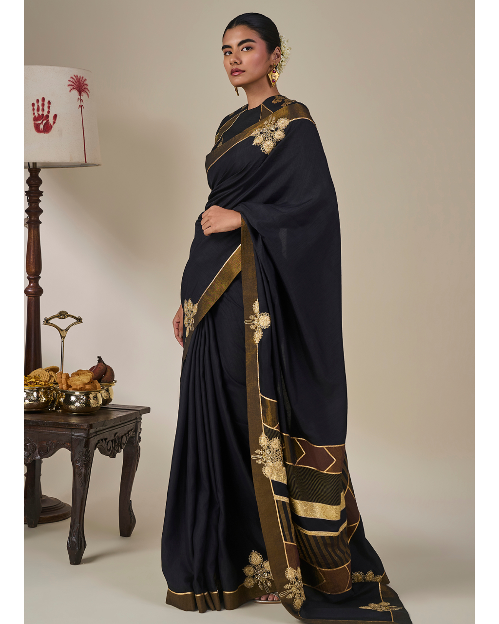 Black Golden Flame Sari Set