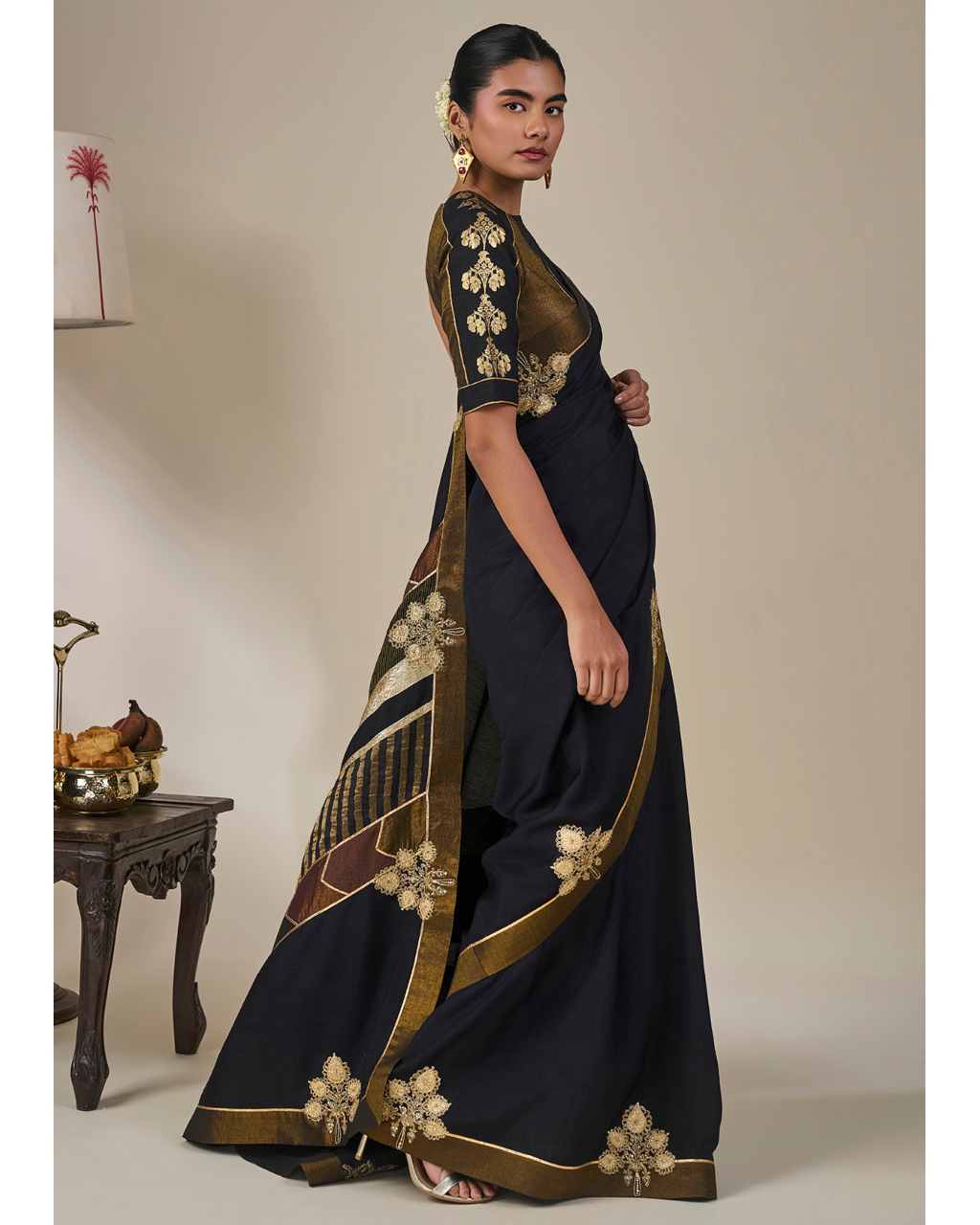 Black Golden Flame Sari Set