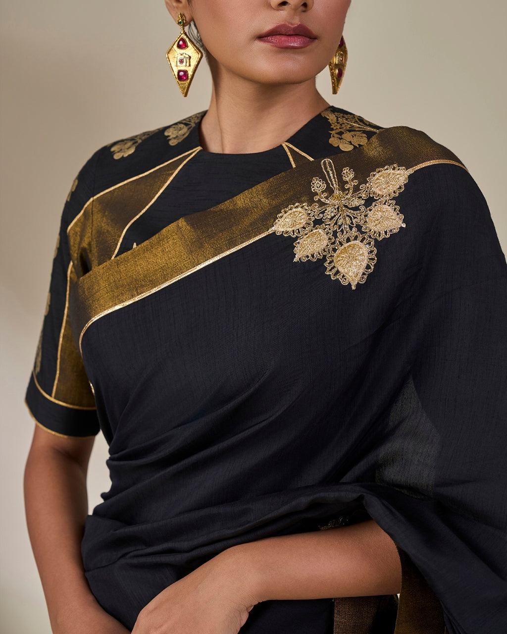 Black Golden Flame Sari Set