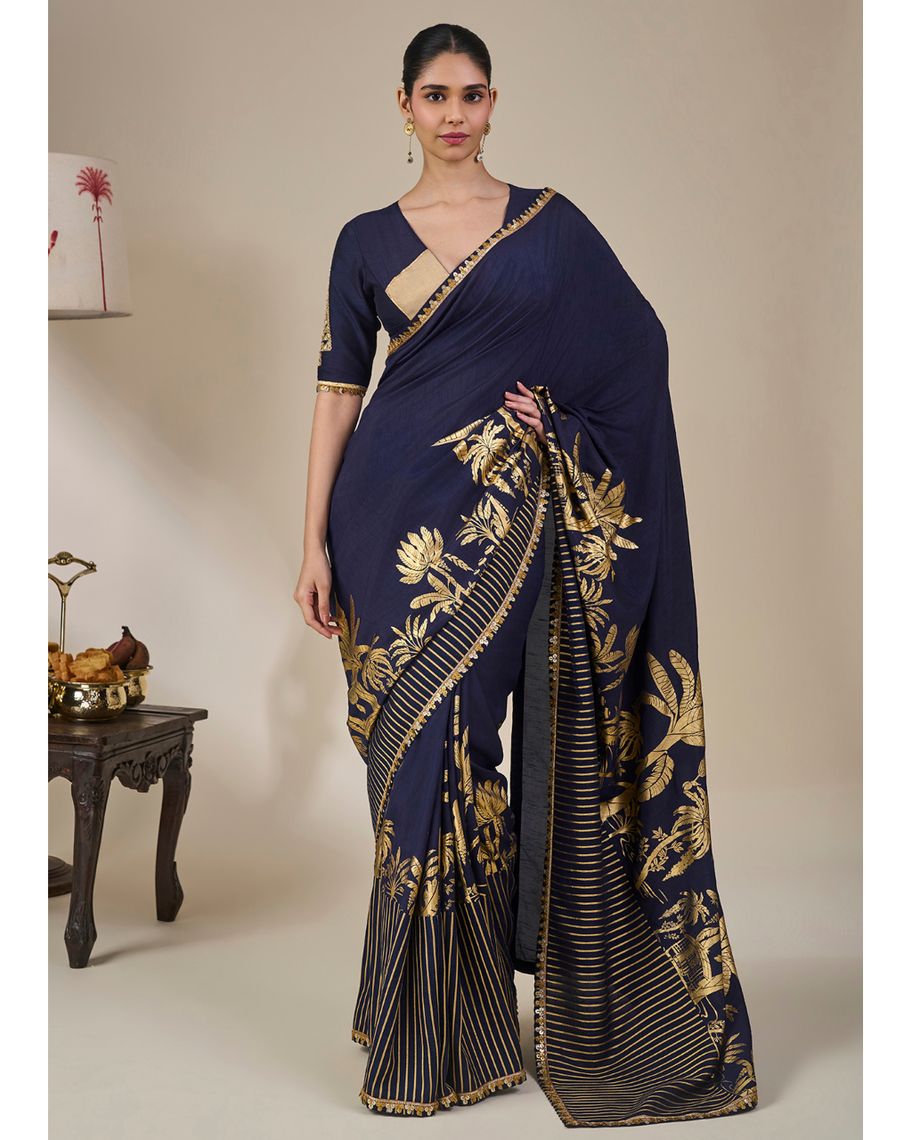 Blue Backwater Postcard Stripe Sari Set