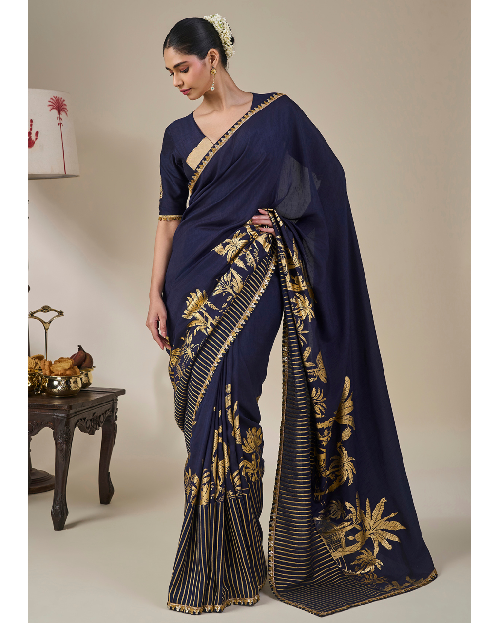 Blue Backwater Postcard Stripe Sari Set