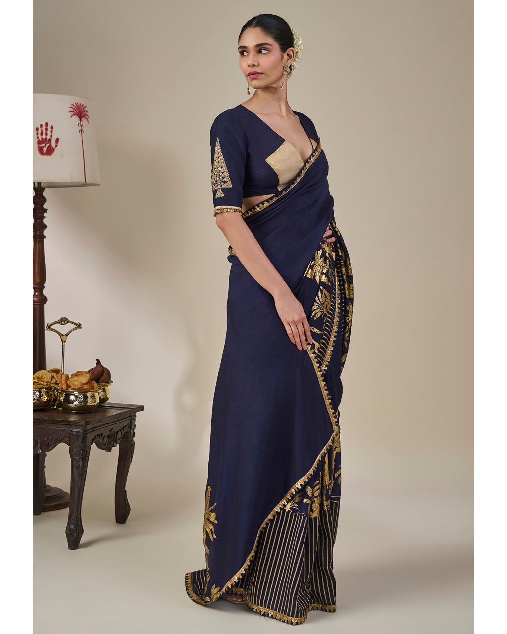 Blue Backwater Postcard Stripe Sari Set