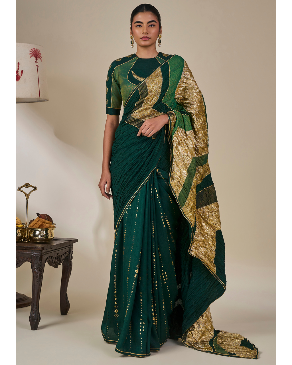 Bottle Green Celestial Moonfall Crush Sari Set