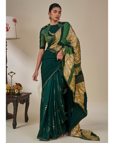 Bottle Green Celestial Moonfall Crush Sari Set