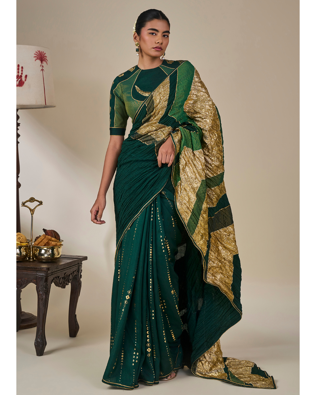 Bottle Green Celestial Moonfall Crush Sari Set