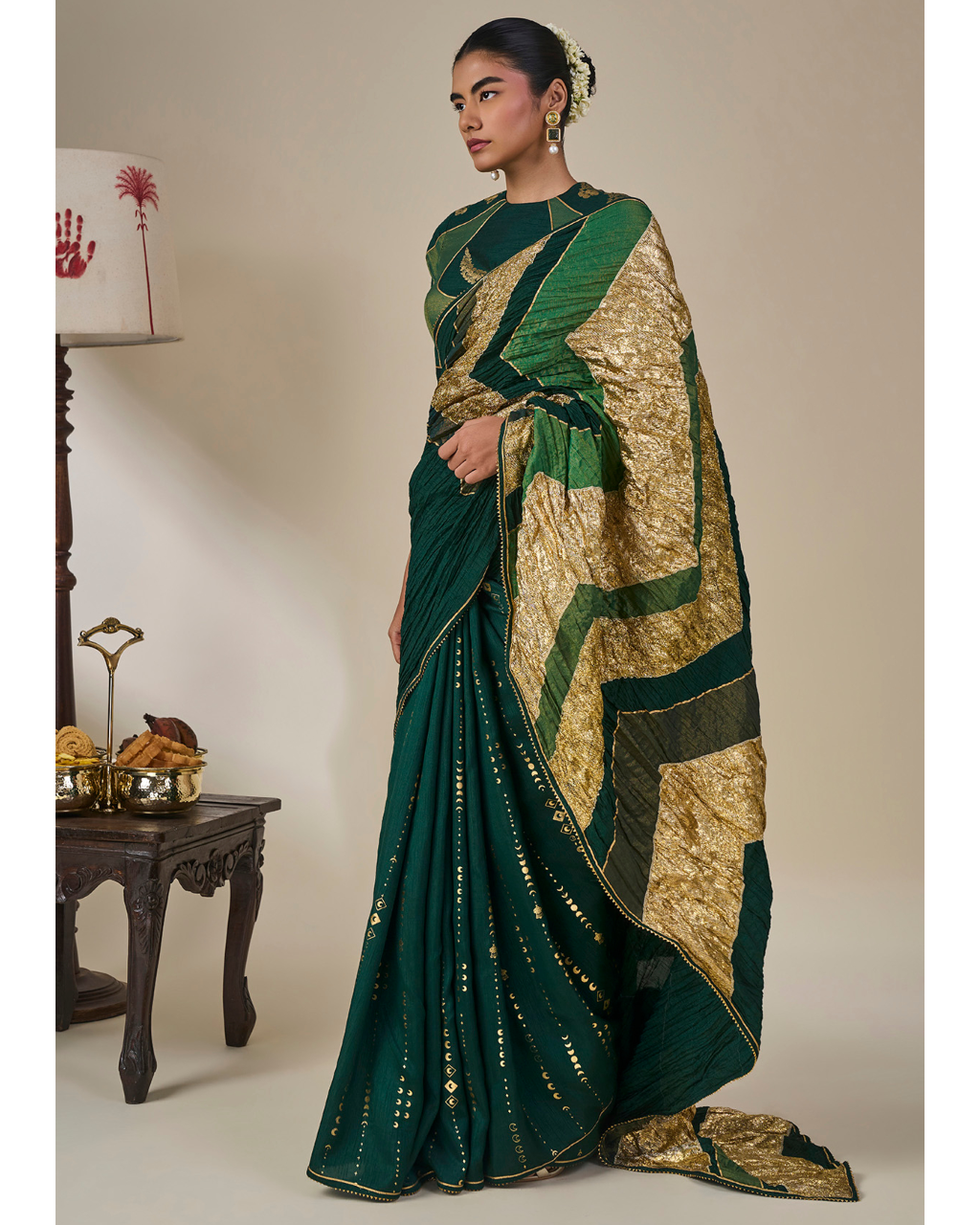 Bottle Green Celestial Moonfall Crush Sari Set