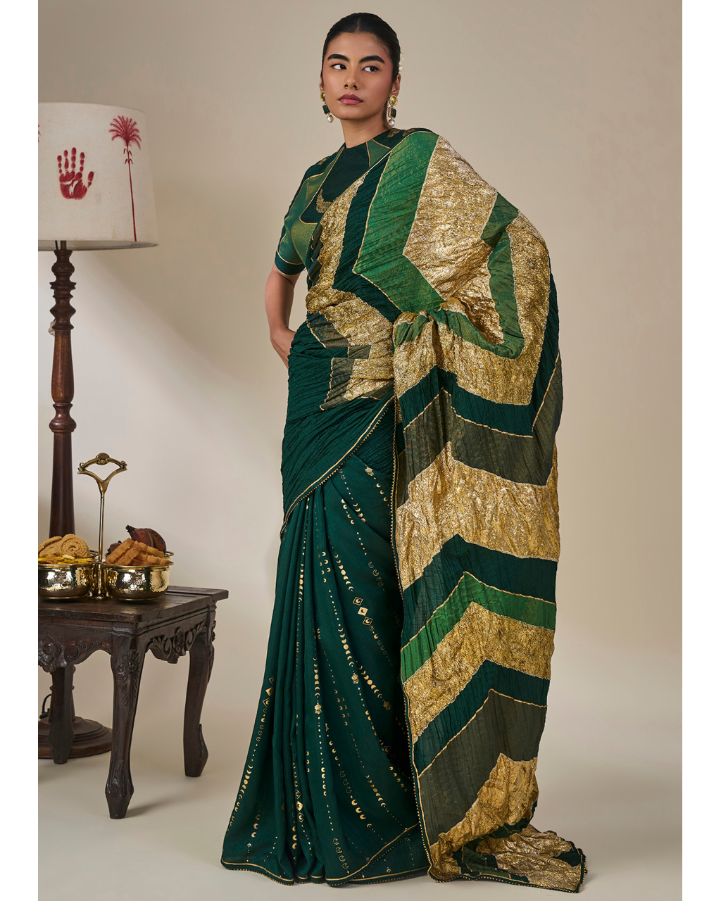 Bottle Green Celestial Moonfall Crush Sari Set
