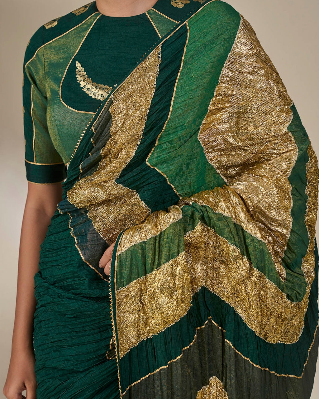 Bottle Green Celestial Moonfall Crush Sari Set