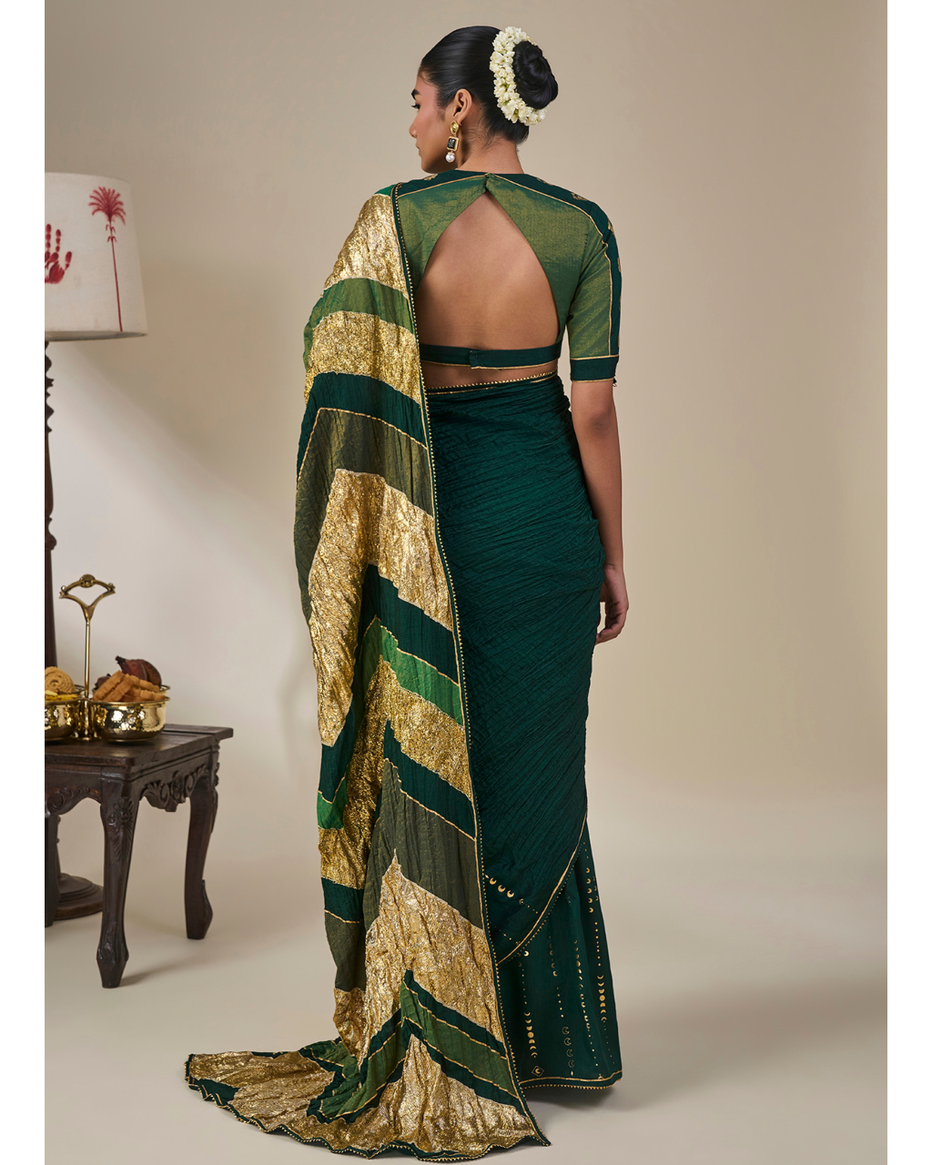 Bottle Green Celestial Moonfall Crush Sari Set