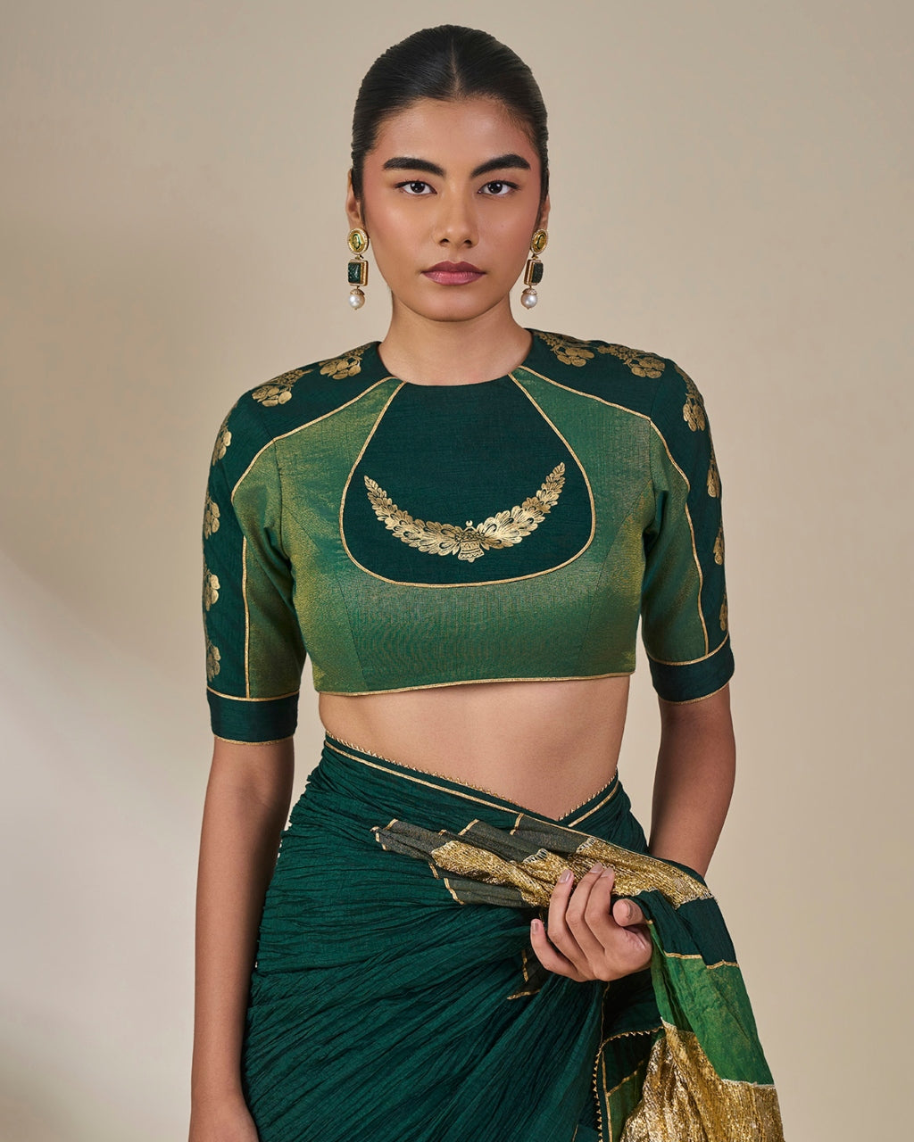 Bottle Green Celestial Moonfall Crush Sari Set
