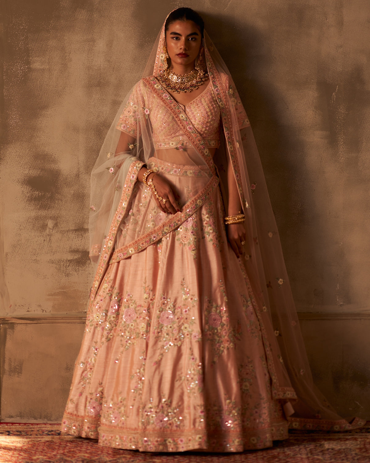 Peach Raw Silk Double Dupatta Lehenga Set