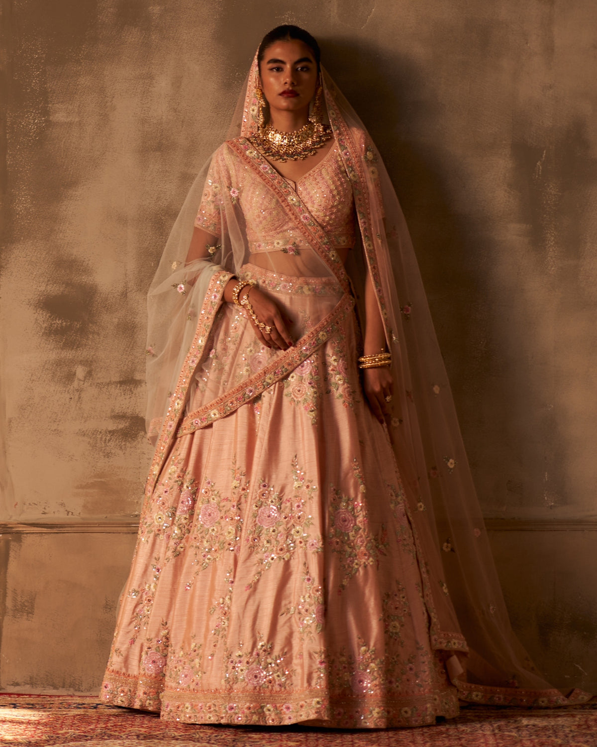 Peach Raw Silk Double Dupatta Lehenga Set