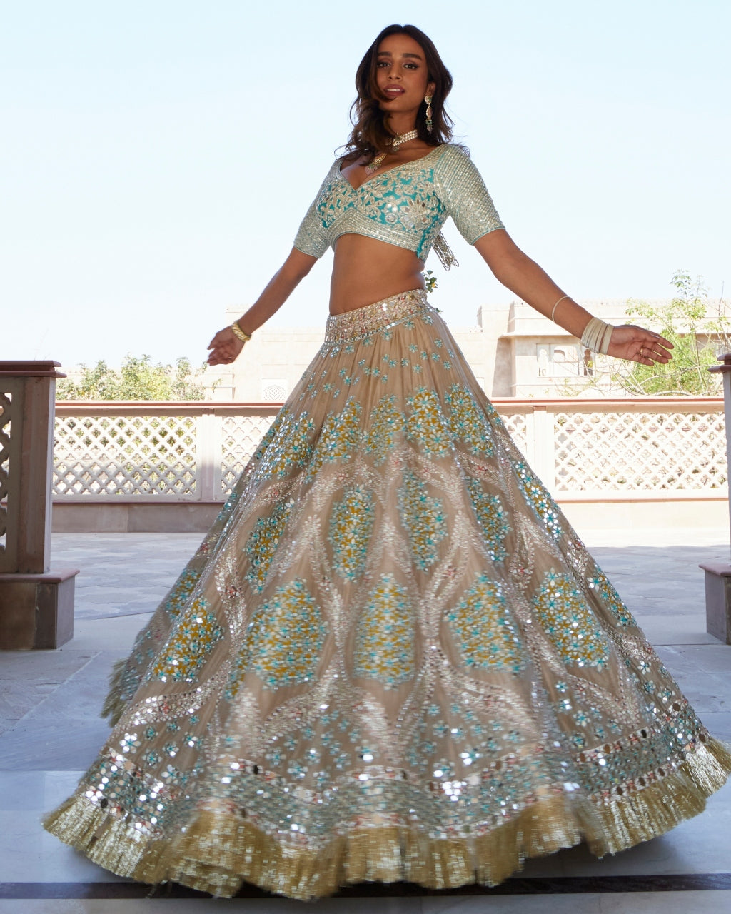 Evening Grey Geometric Pattern Lehenga With Chiffon Dupatta Set