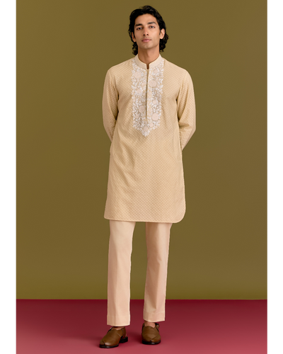 Beige Woven Silk Chanderi Embroidered Kurta Set