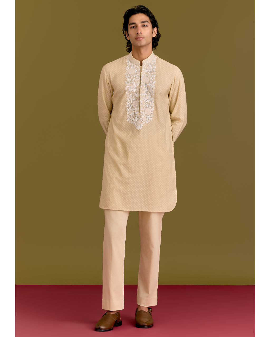 Beige Woven Silk Chanderi Embroidered Kurta Set
