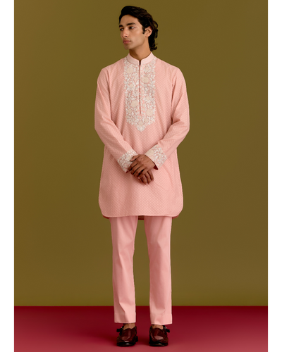 Pink Woven Embroidered Kurta Set
