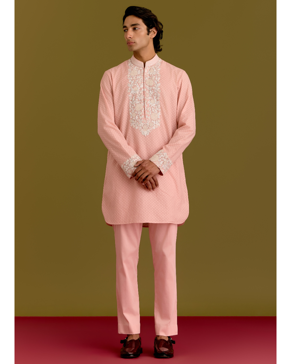 Pink Woven Embroidered Kurta Set