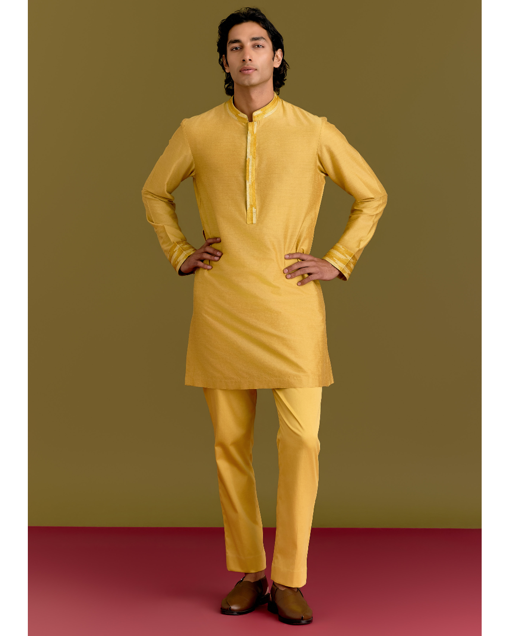 Mustard Cotton Silk Embriodered Kurta Set
