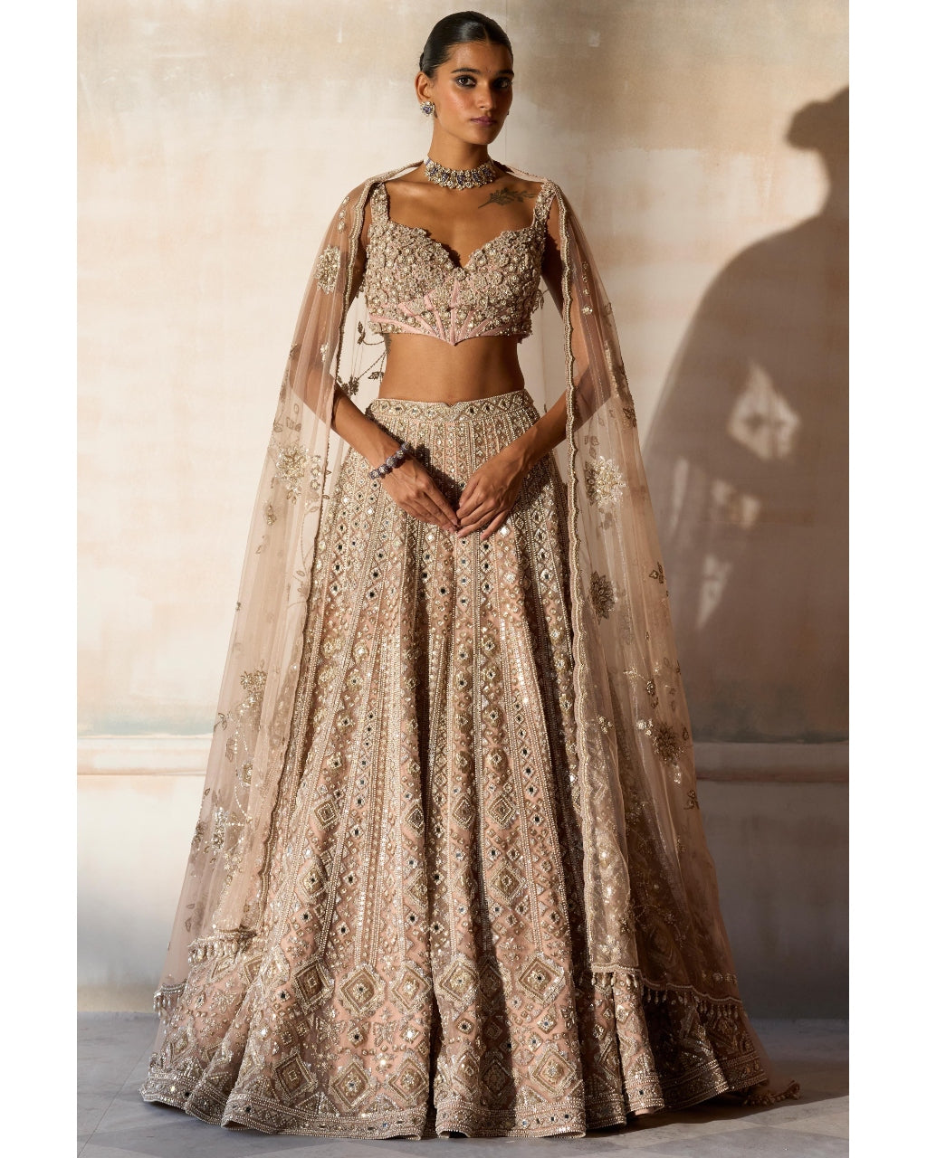 The Aztec Zardozi Faded Apricot Lehenga Set