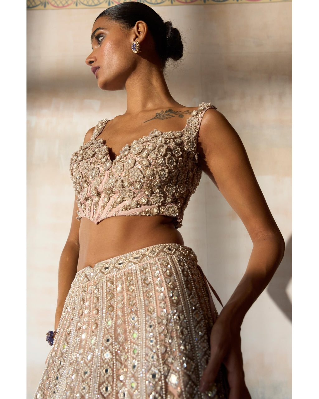 The Aztec Zardozi Faded Apricot Lehenga Set