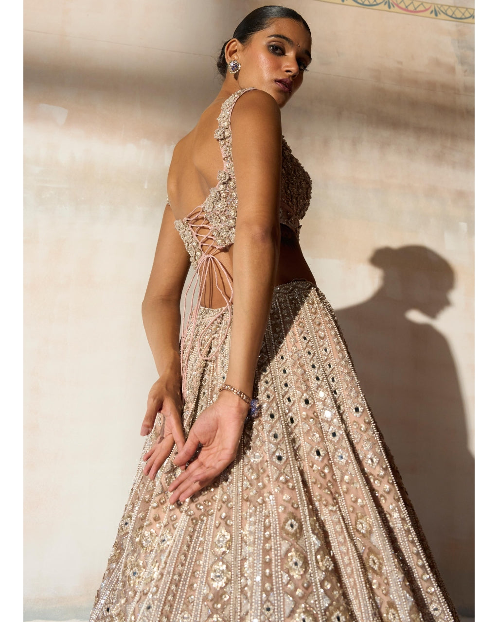 The Aztec Zardozi Faded Apricot Lehenga Set