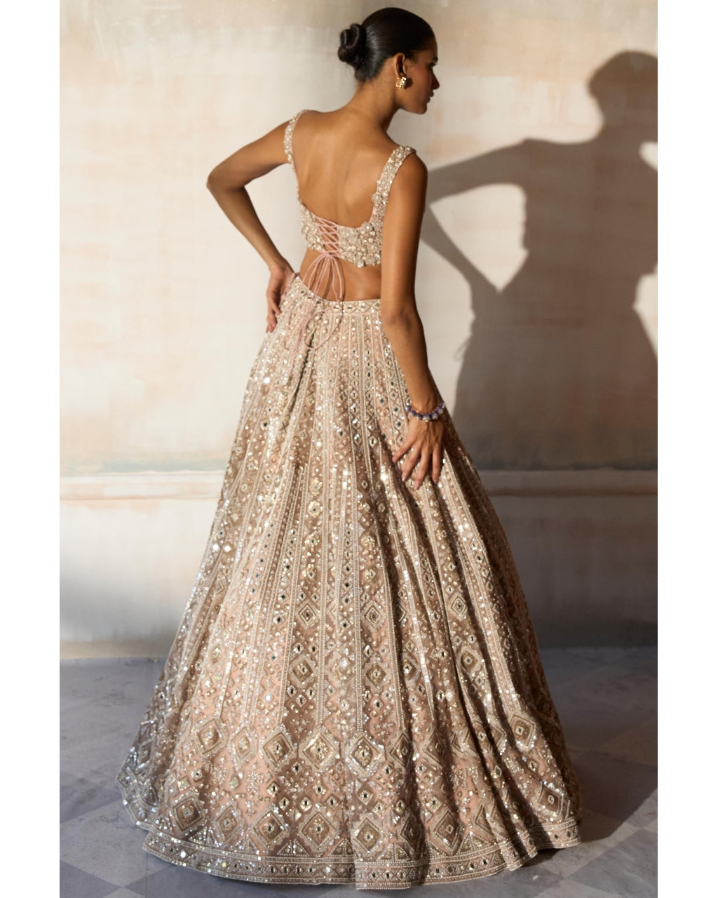 The Aztec Zardozi Faded Apricot Lehenga Set
