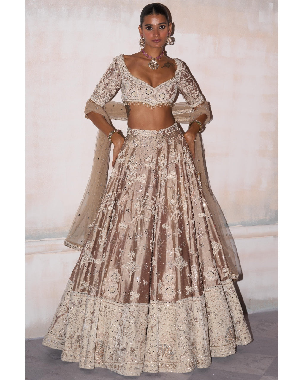 The New Royal Masai Champagne On Silk Lehenga Set