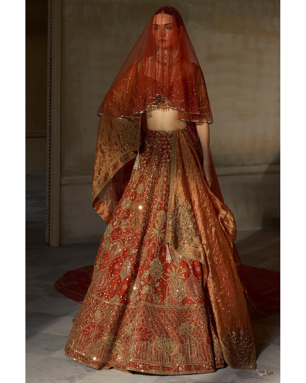 The Vintage Lotus Pond Aged Tangerine Lehenga Set